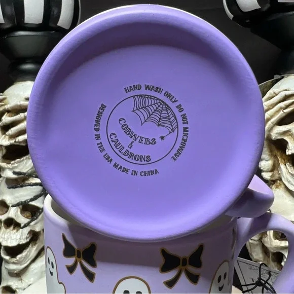 Cobwebs & Cauldrons Halloween Purple Ombre White Ghost Black Bow Coffee Mugs - Picture 12 of 12